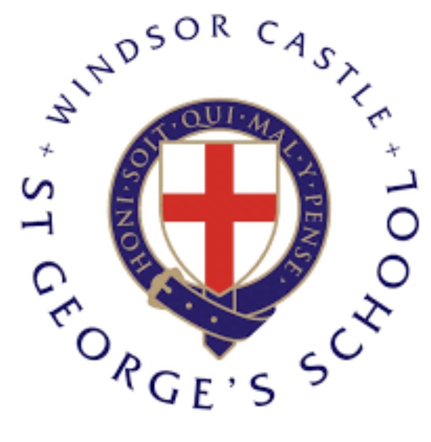 Windsor Castle and St. George's School emblem with a red cross shield and blue circle.