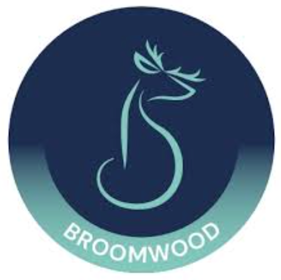 A circular logo with a gradient blue background and a stylized reindeer outline in teal. The reindeer has antlers that resemble leaves or branches. The text "BROOMWOOD" is written at the bottom of the circle.