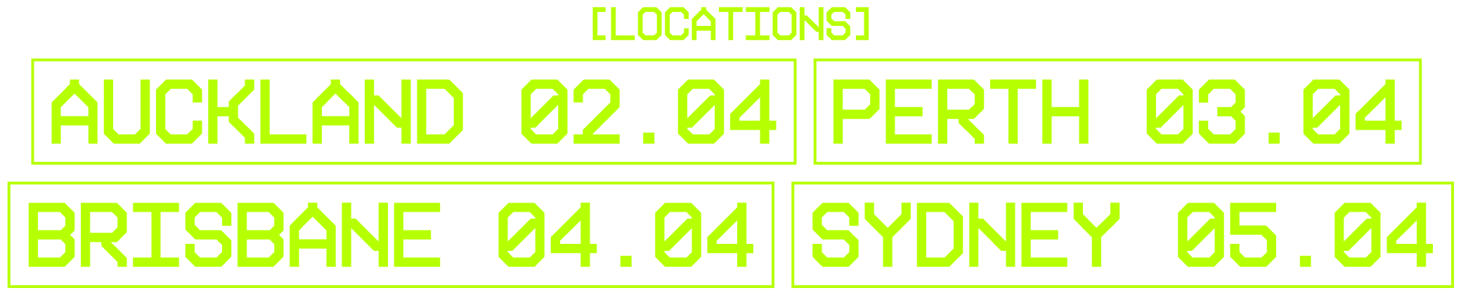 Digital airport display showing departure times and destinations for Auckland, Perth, Brisbane, and Sydney with green text on a black background.