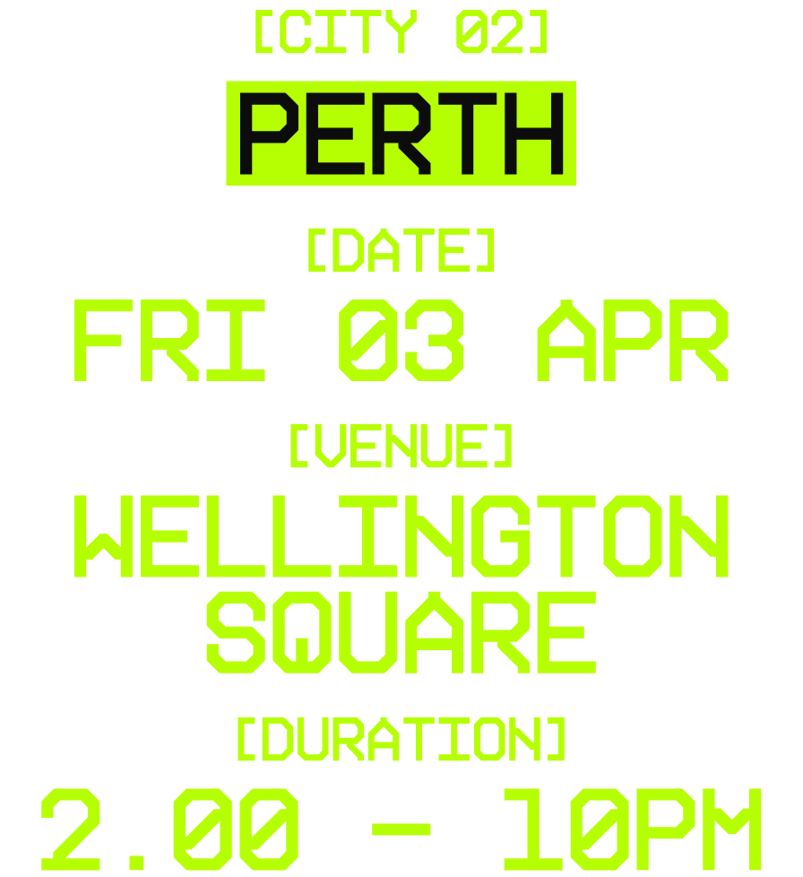 Digital schedule board displaying event details at Wellington Square, Perth. Date: Friday, April 3, from 2:00 to 10 PM.