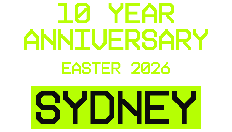 A digital graphic with text in bright green and black celebrating the 10-year anniversary of an event in Sydney, Easter 2026.