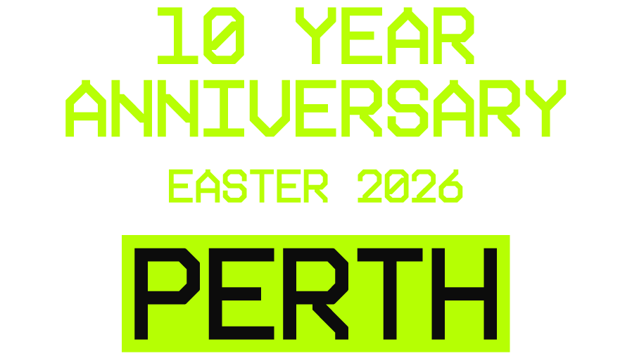 Text reading "10 Year Anniversary Easter 2026 Perth" in neon green and black