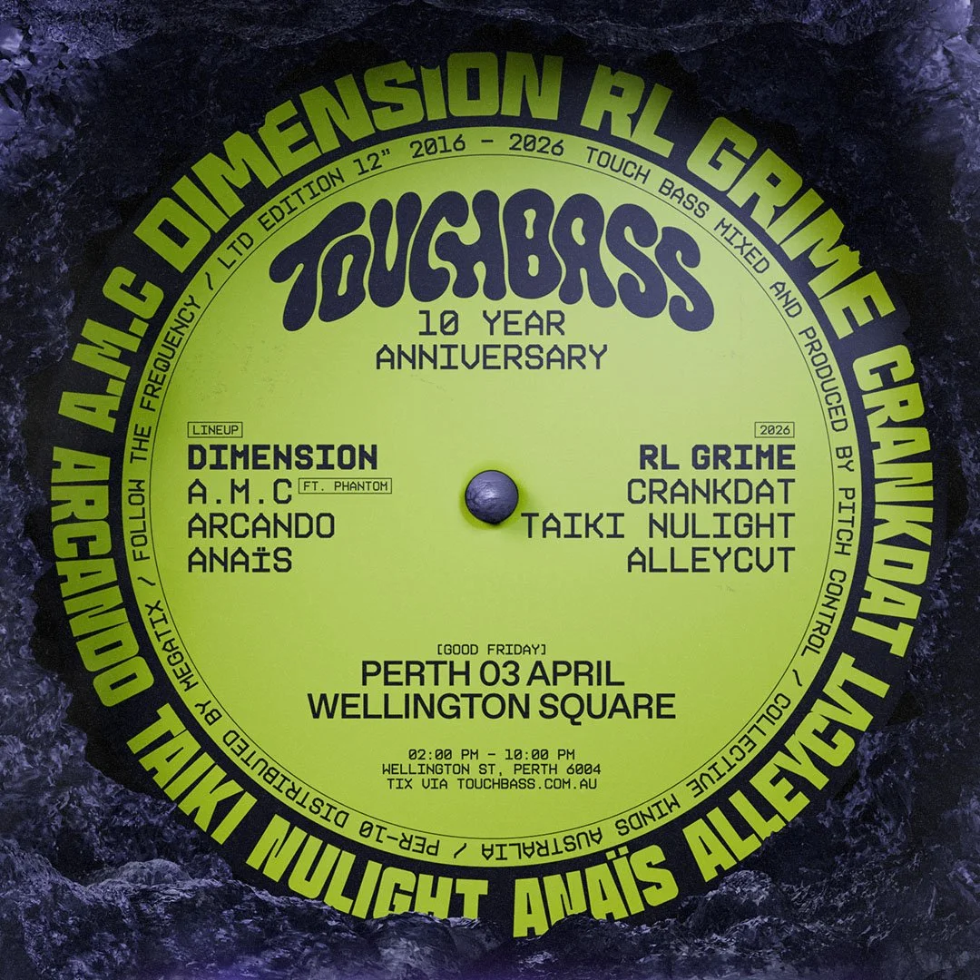 A vinyl record label celebrating TouchBass's 10-year anniversary, featuring event details including date, location, lineup, and time.