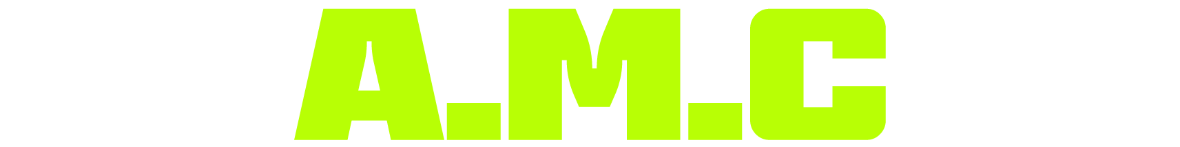 Bright green text spells out A.M.C on a black background.