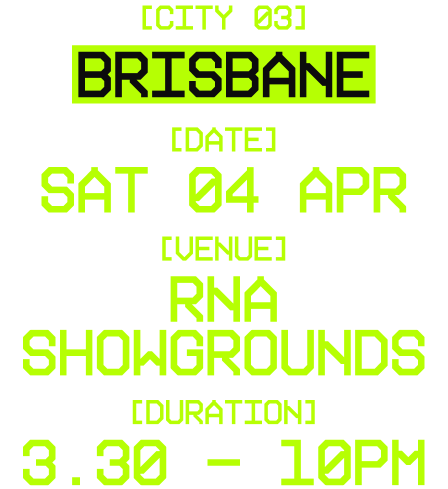 Digital event poster for a music show in Brisbane on Saturday, April 4th, at RNA Showgrounds from 3:30 PM to 10 PM.