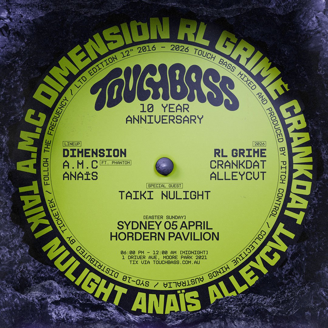 A vinyl record label celebrating TouchBass's 10-year anniversary with event details. The label is yellow with black text and features information about performers, date, location, and time.