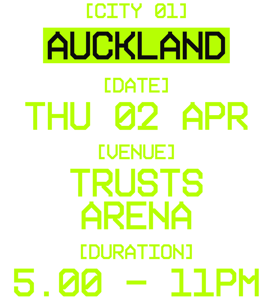 Digital neon green event ticket with black background for a concert at Trusts Arena in Auckland, on Thursday, April 2nd, from 5:00 PM to 11:00 PM.