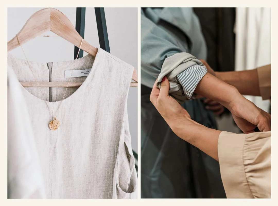 A dress hangs on a coat hanger and a personal stylist assists a woman with arranging her clothes.