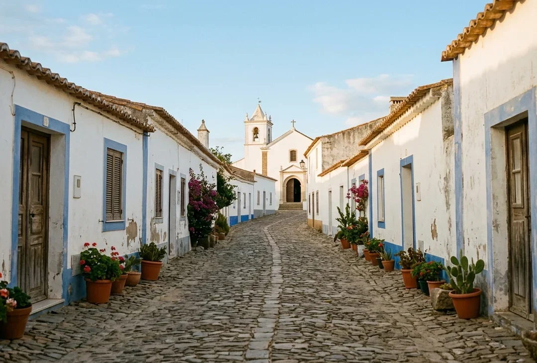 A quiet whitewashed Alentejo village lane with low houses and a single church tower under soft afternoon light.