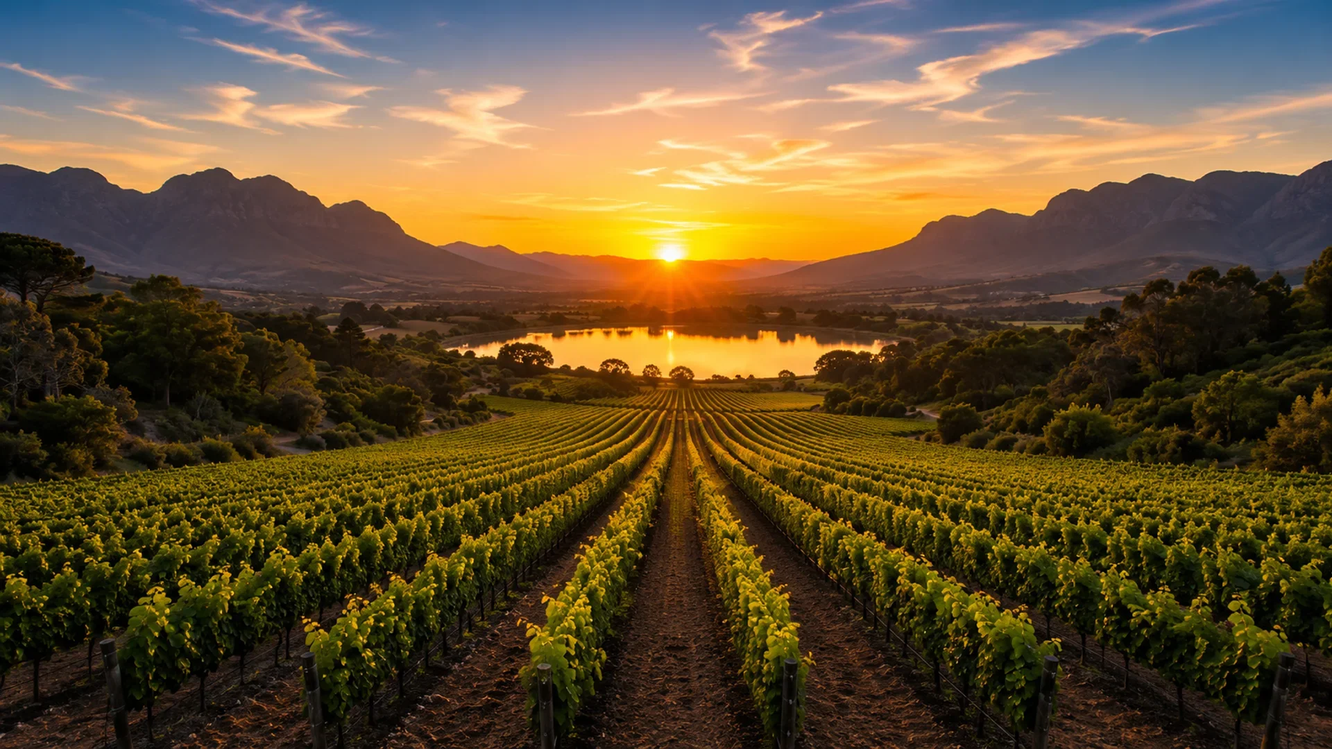 A wide vineyard valley at golden hour with rows of vines running toward blue mountains, a low farmstead among the green.