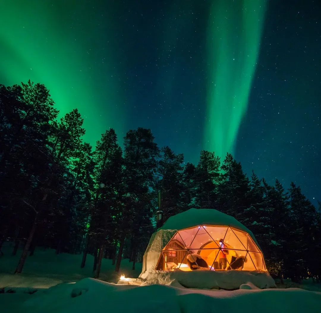The northern lights over a snowy pine forest in Finnish Lapland, with a glowing glass dome among the trees.