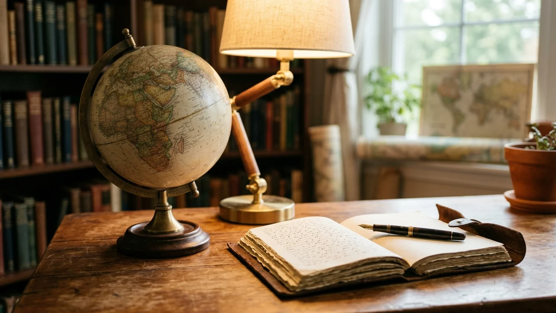 A vintage globe on a warm wooden desk beside an open notebook and a pen, soft lamplight.
