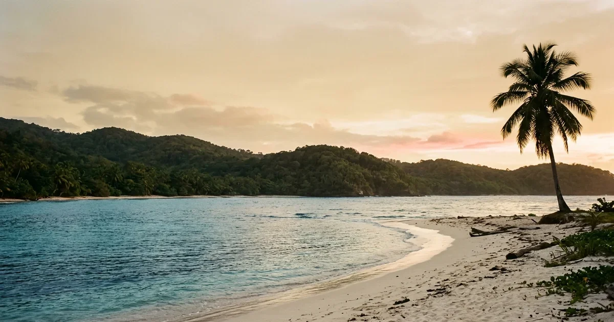 A quiet stretch of Caribbean coast at golden hour, with turquoise water meeting a curve of pale sand and the low silhouette of forested hills behind.