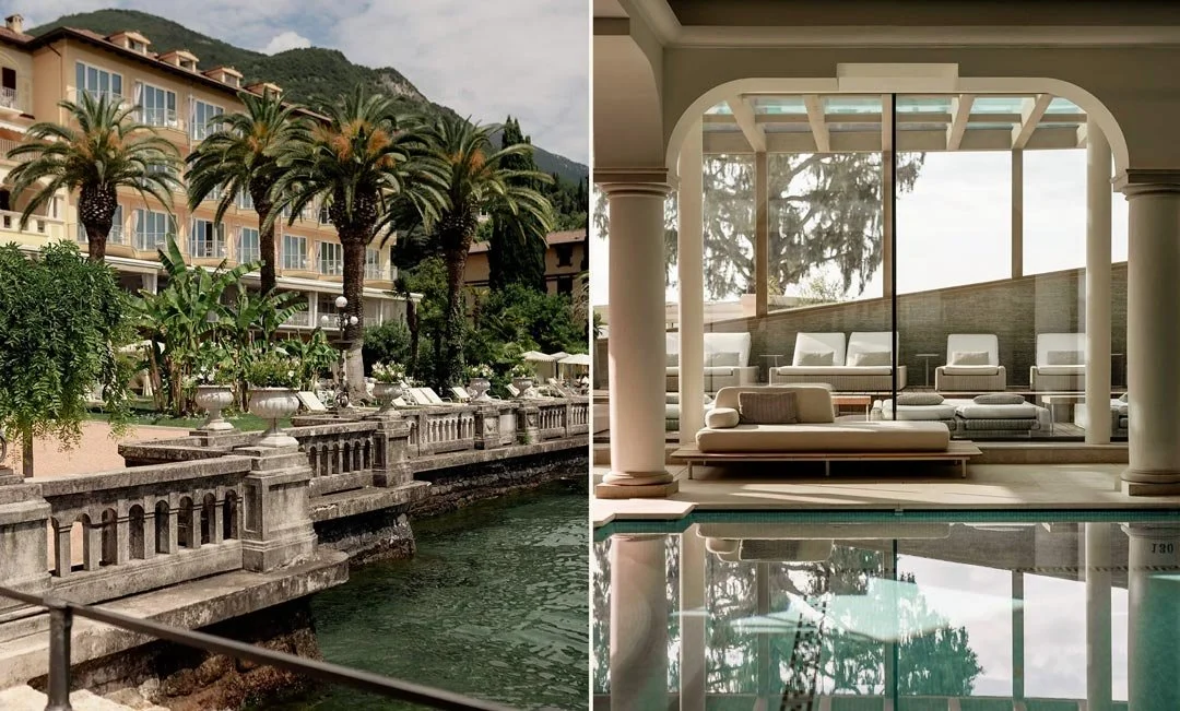 The exterior and interior views of the luxury Grand Hotel Fasano, Lake Garda in Italy.