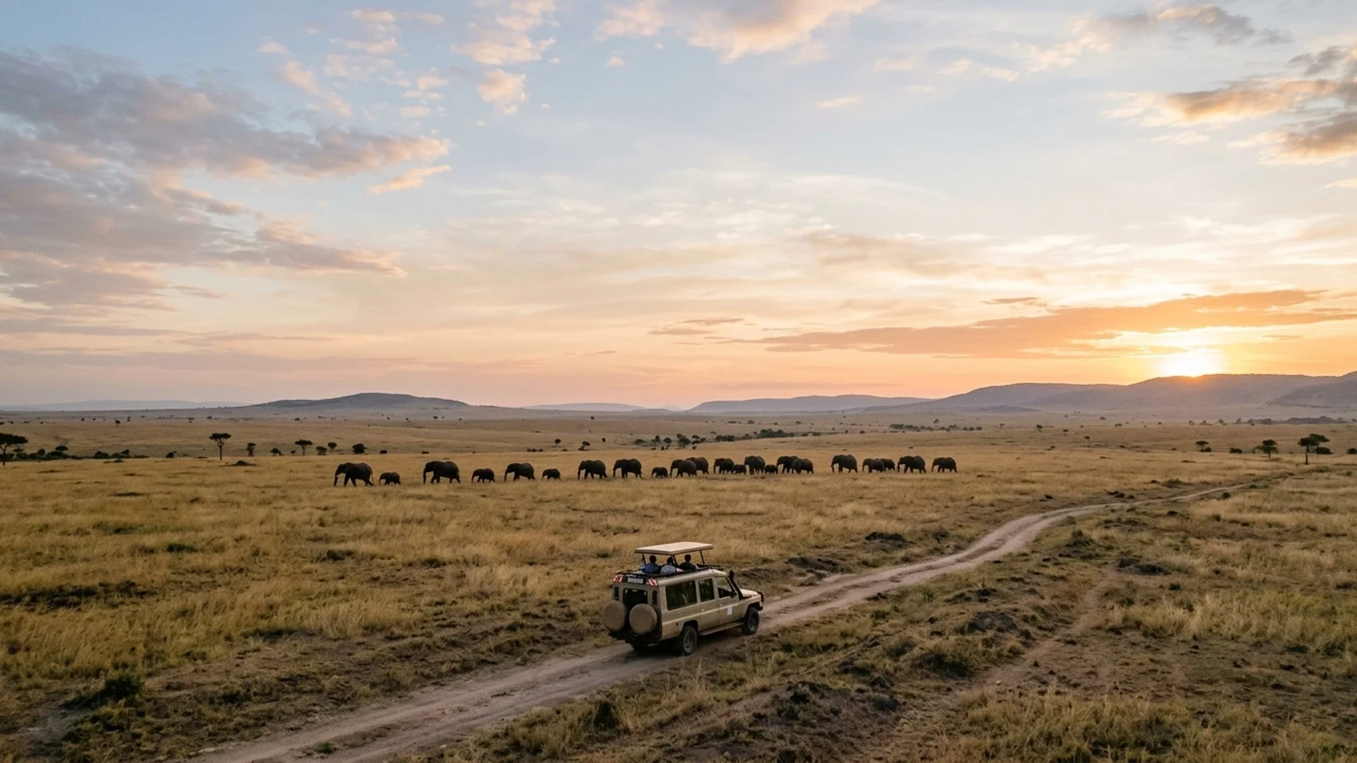 A wide savannah at first light, a single safari vehicle small in the frame, a herd of elephants moving across open grassland.