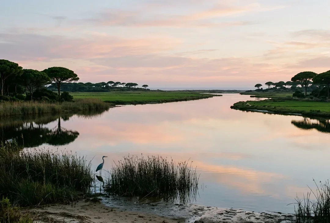 A still coastal lagoon at dusk threaded through pine forest and rice fields, soft reflections, a heron at the water's edge.