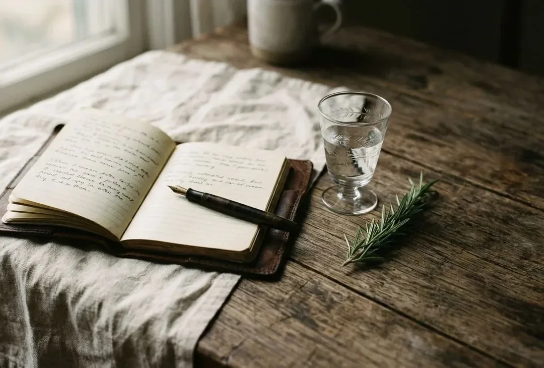 A weathered wooden table at dawn, set with a soft linen cloth, an open leather notebook, a glass of water and a sprig of rosemary.