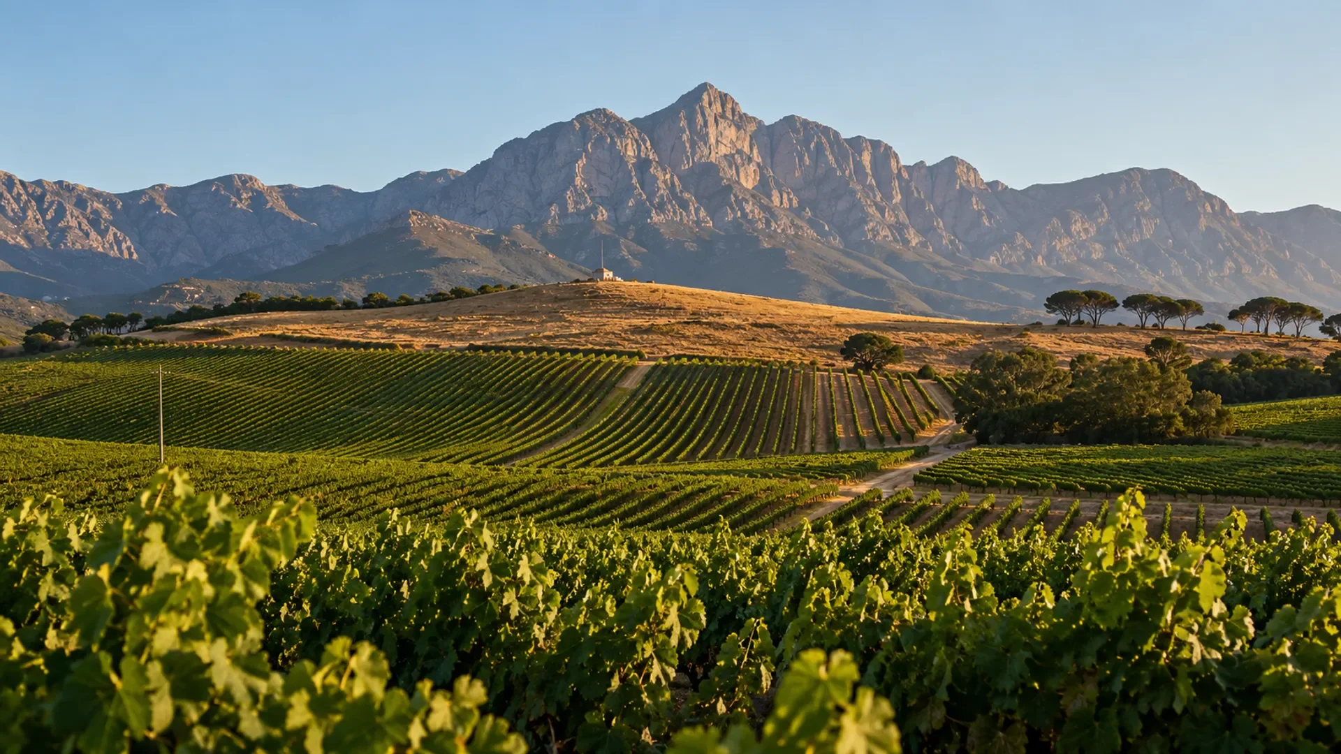 Late afternoon light across vineyard rows in the Cape, blue mountains behind and a low whitewashed farmstead among the green.