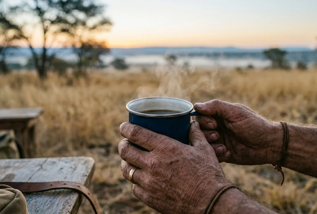 A guide's hands holding an enamel mug of coffee at dawn, blurred golden grassland and soft mist beyond.