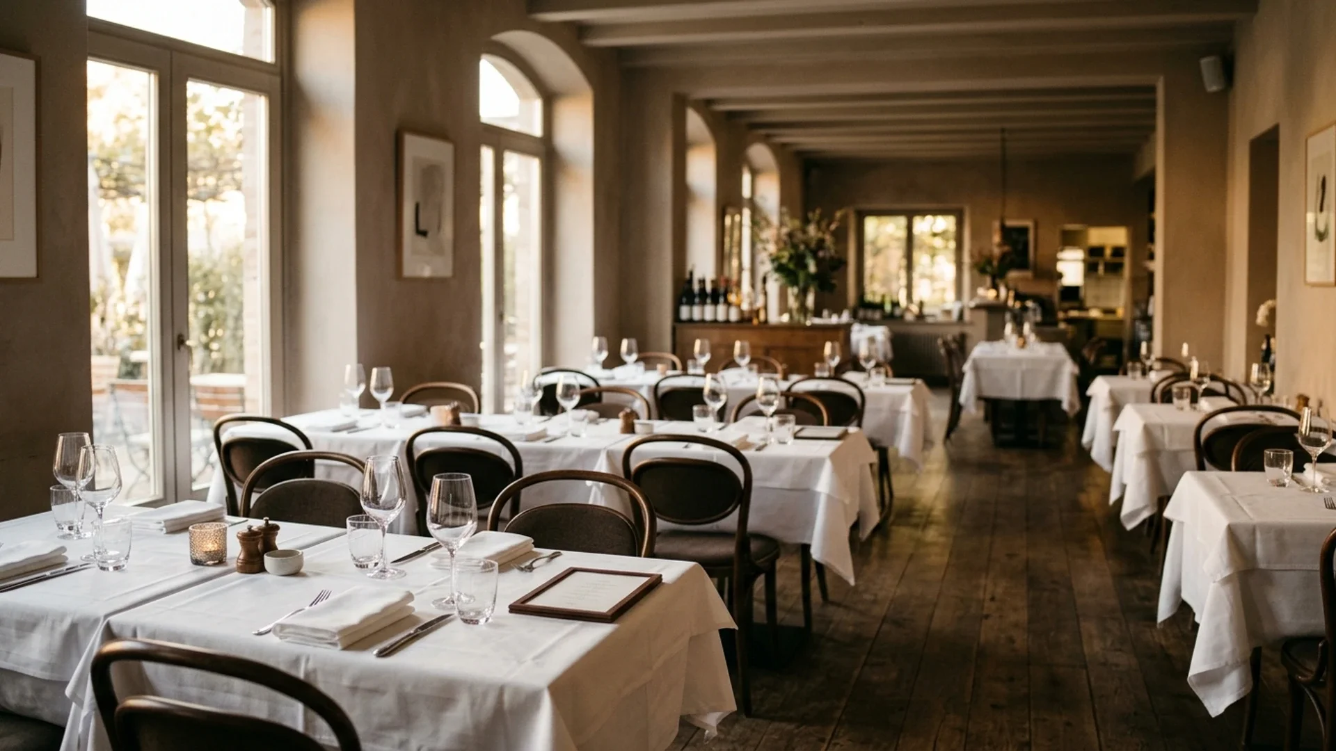 A quiet restaurant interior in the late afternoon, tables laid, light falling across linen and glassware.
