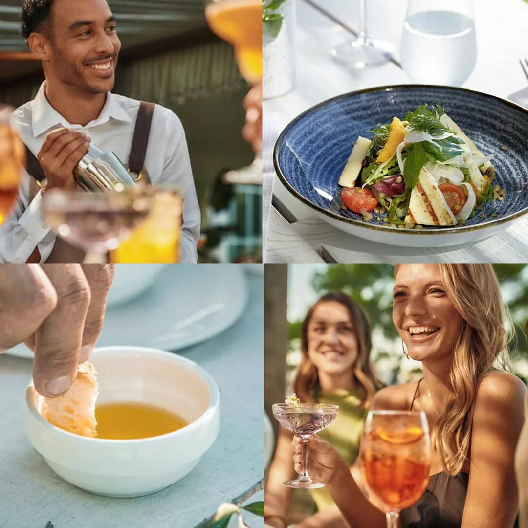 A collection of images showing Dining and Hospitality at the new Ikos resort, Kissamos.