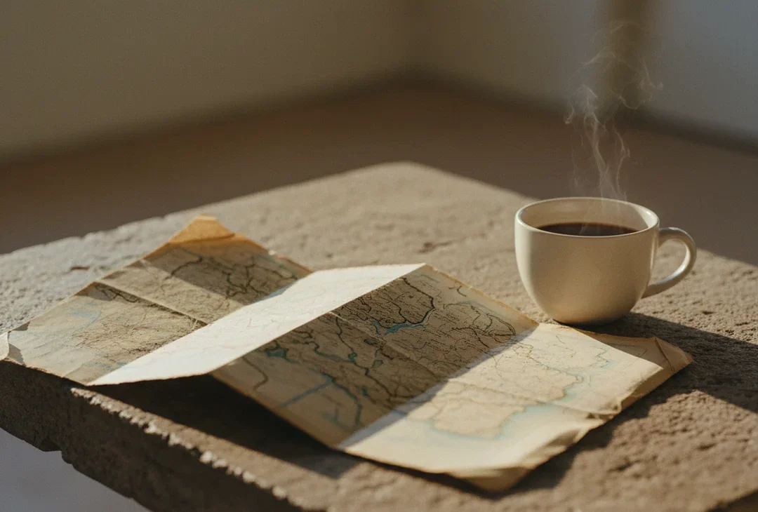 A weathered map resting on a stone table beside a coffee cup, soft morning light across it, no people.