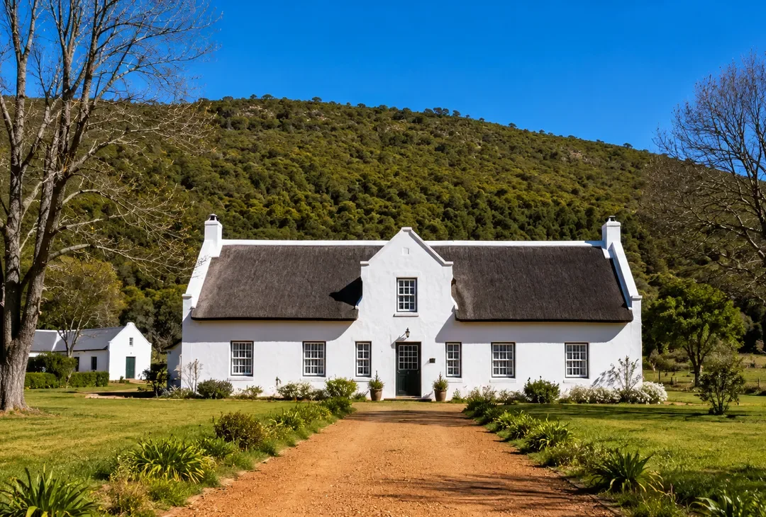 An oak-lined street of whitewashed Cape Dutch buildings with curved gables, dappled afternoon light across the road.