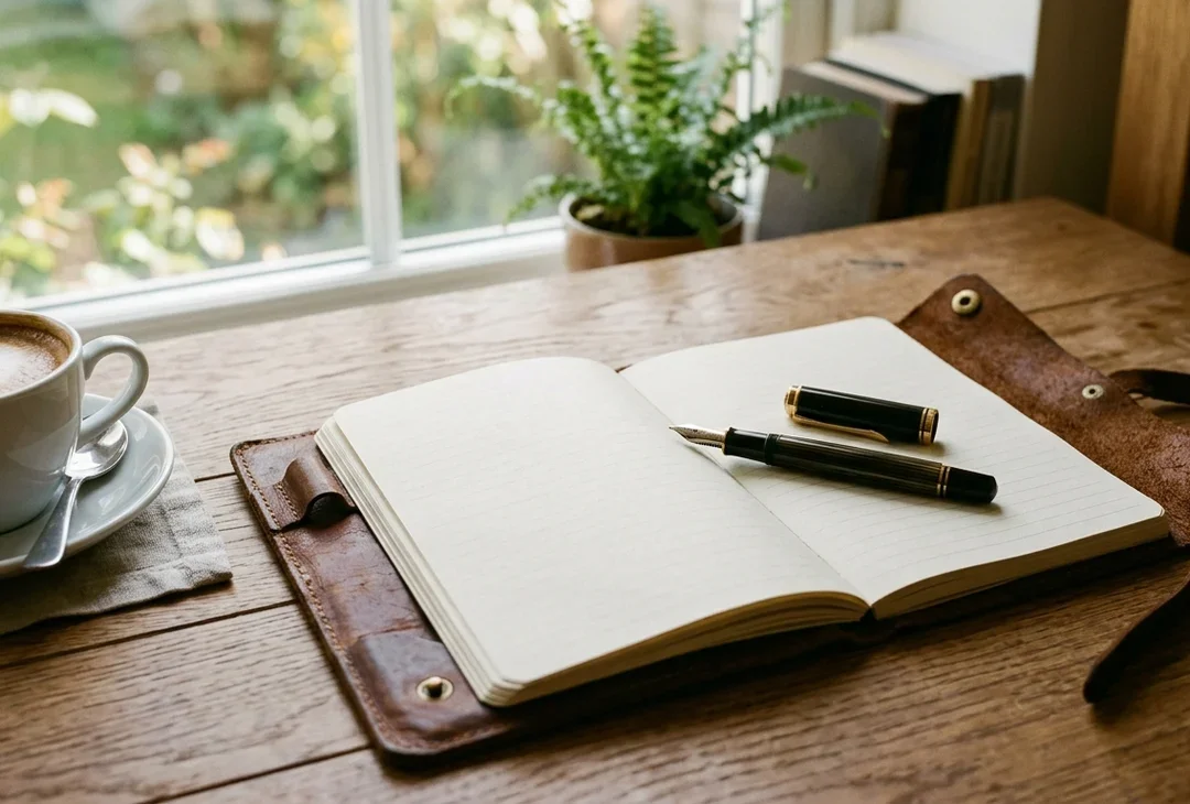 An open leather diary and a pen on a wooden desk beside a cup of coffee, soft morning light.