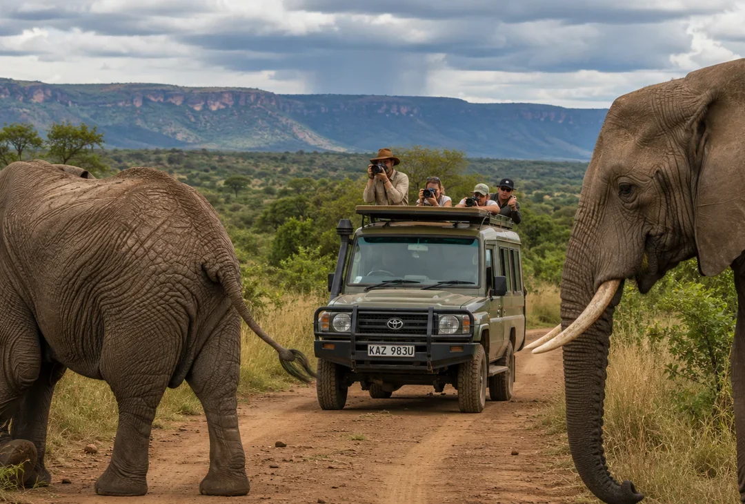 An open safari vehicle paused on a track at first light, occupants under blankets, long grass gold in the low sun.