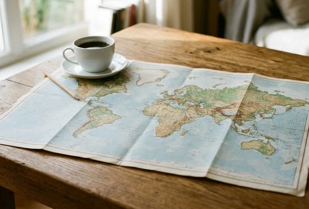 An open paper world map on a wooden table, a coffee cup and a pencil resting at one edge, warm morning light.