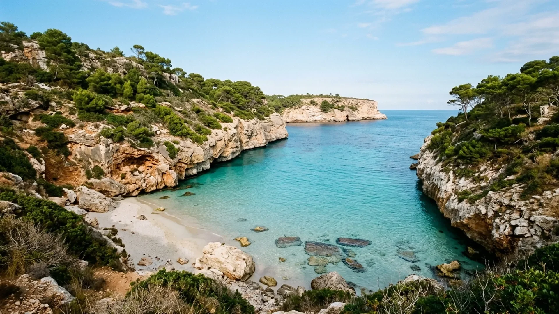A small, quiet Mediterranean cove with clear water and a few rocks, no crowd, warm late-summer light.