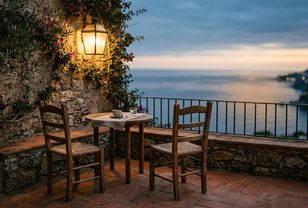 A quiet hotel terrace at dusk with two chairs and warm lamplight, soft sea light in the distance.