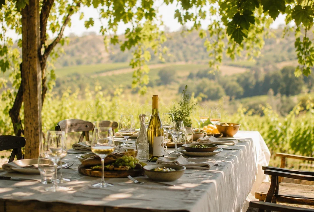 A long table laid for lunch under a leafy pergola, linen and glassware in soft shade, a green valley beyond.