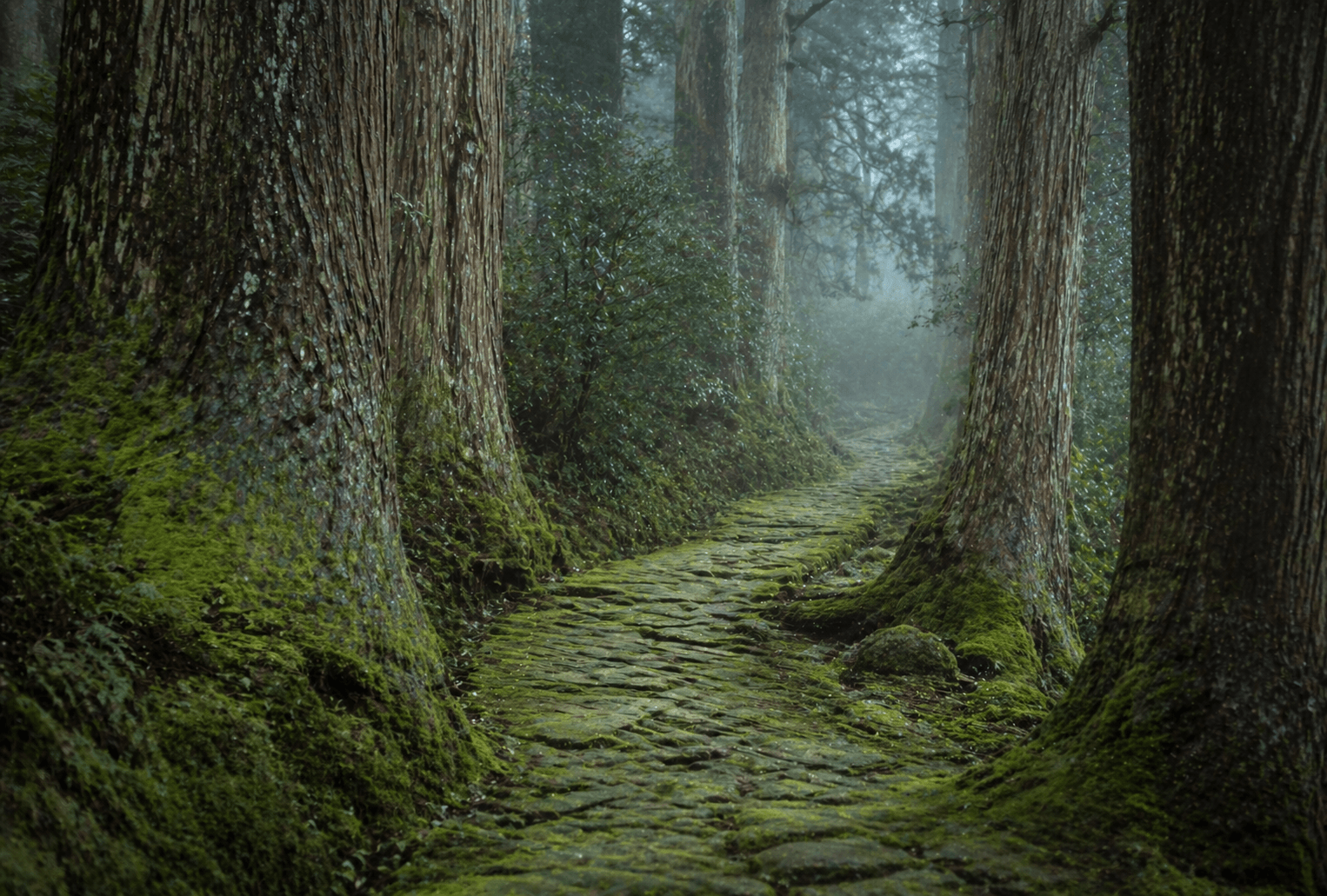A moss-covered stone path winding between ancient cedar trees, soft mist in the middle distance, no people in frame.