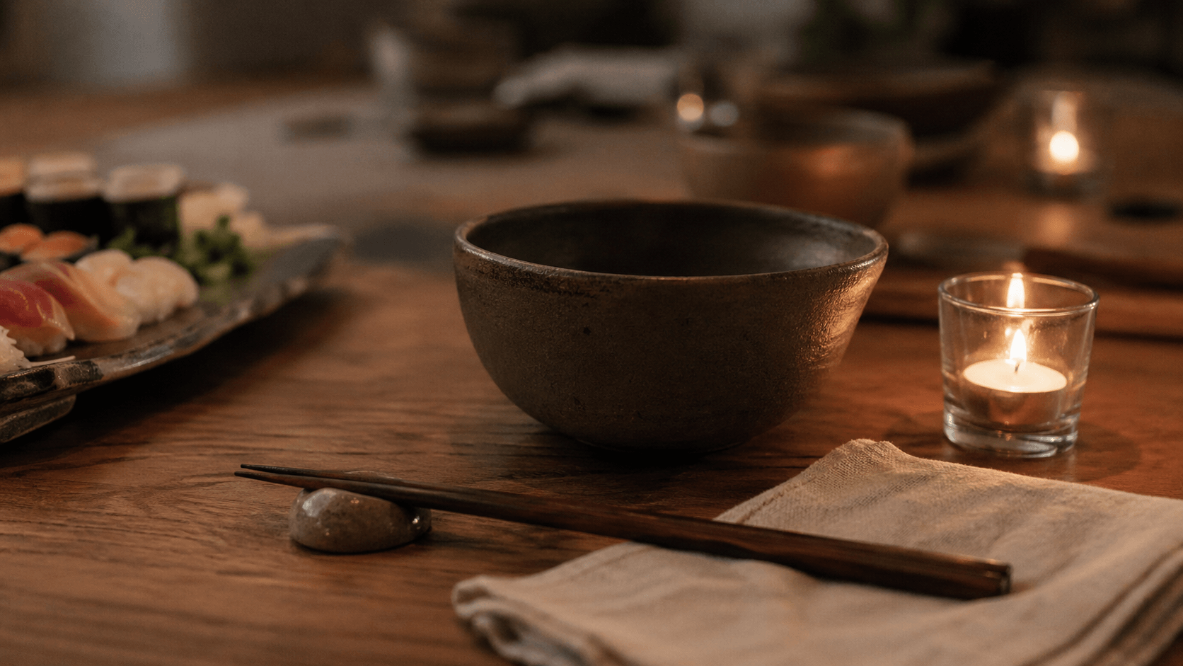 A single place setting at an intimate Japanese-inspired supper table, dark wooden chopsticks resting on a ceramic holder beside a matte earth-toned bowl, a small glass votive candle flickering beside it, folded cream linen napkin, warm natural light