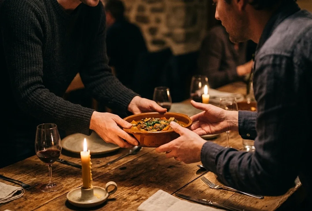 Hands setting down a shared dish at a candlelit table, two people leaning in to talk.