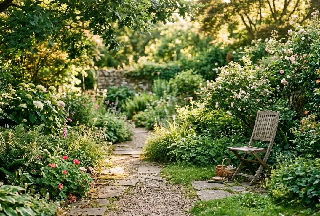 A quiet green garden path dappled with golden afternoon light, a single chair to one side, no people.