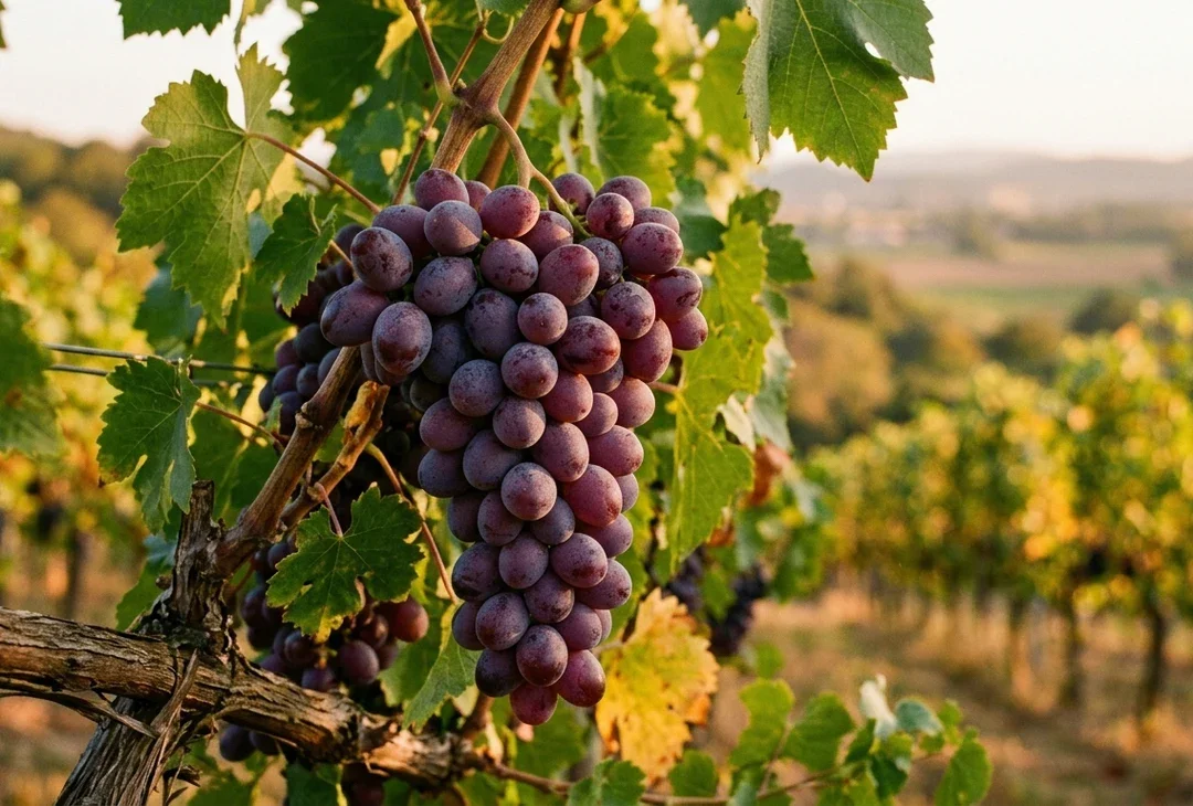 Deep red grapes on the vine in warm afternoon light, dusty bloom on the skins, leaves softening behind.