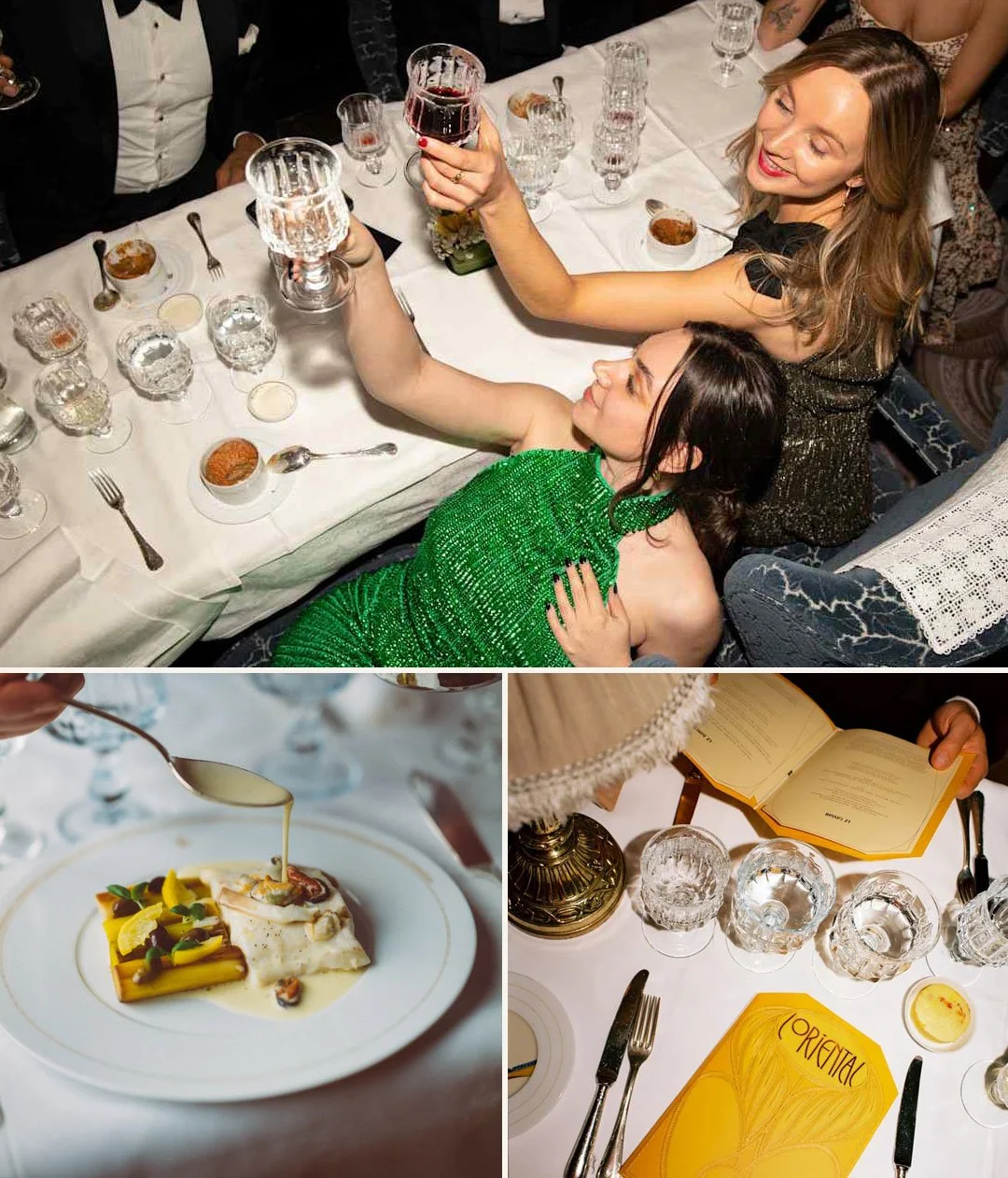Guests enjoying the food and drink on board the Venice Simplon-Orient-Express train.