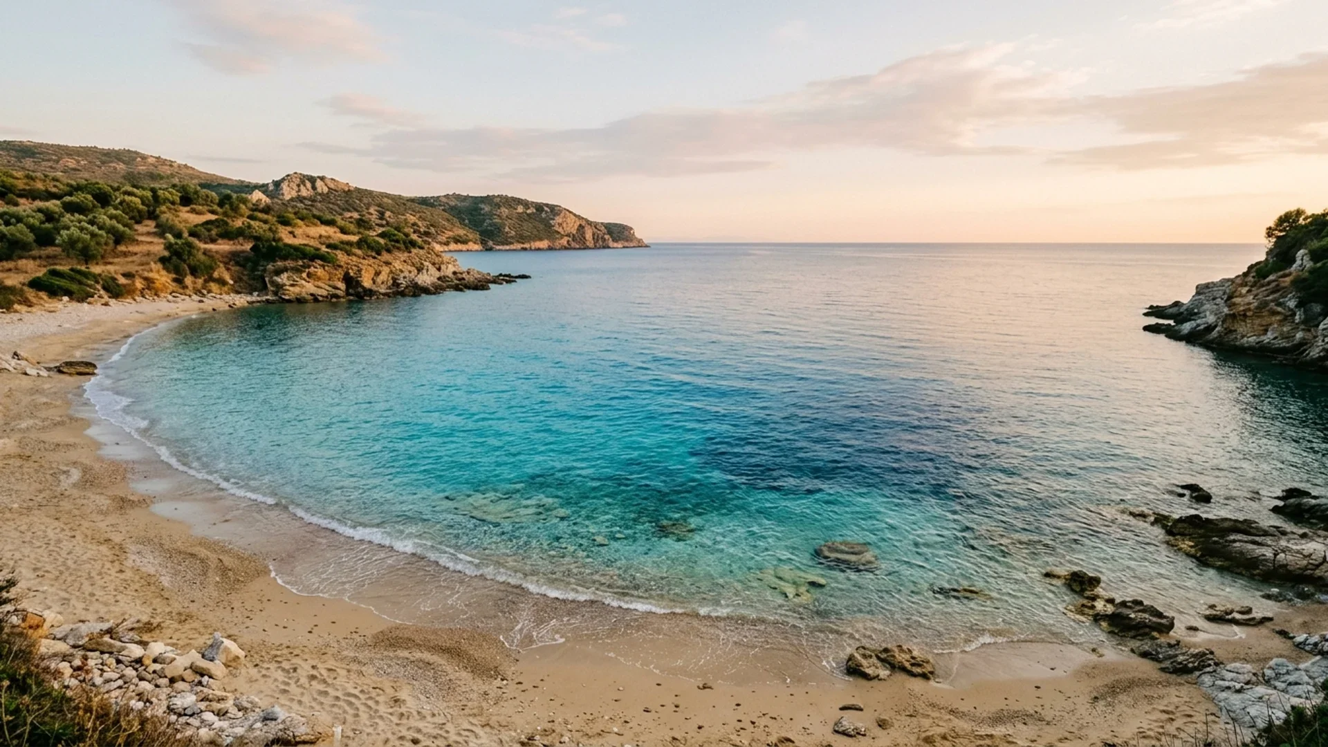 A calm, clear Mediterranean sea in warm late-summer light, gentle waves, an empty shoreline, no people.