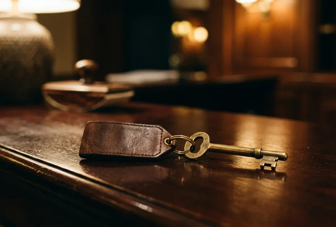 A brass hotel room key resting on a polished wooden reception desk in warm light, no text, no signage.