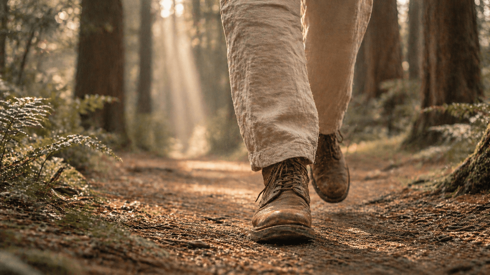 Worn walking boots mid-stride on a soft forest path scattered with cedar needles, no horizon visible, soft diffused light through the canopy.
