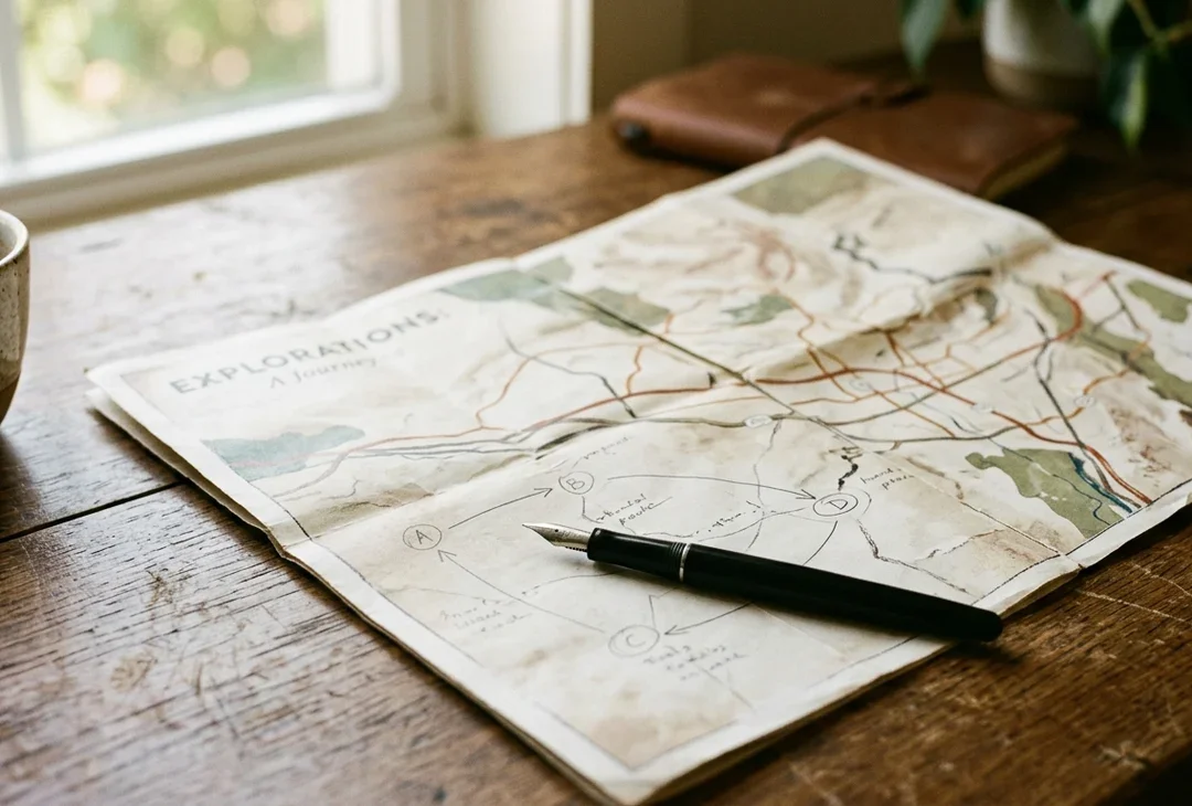 An open travel map on a desk with a pen and a few faint handwritten route marks, warm light, no readable text.