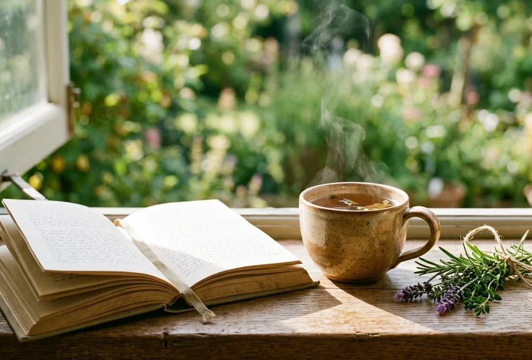 A cup of herbal tea and an open book on a sunlit windowsill, soft morning light, no people.
