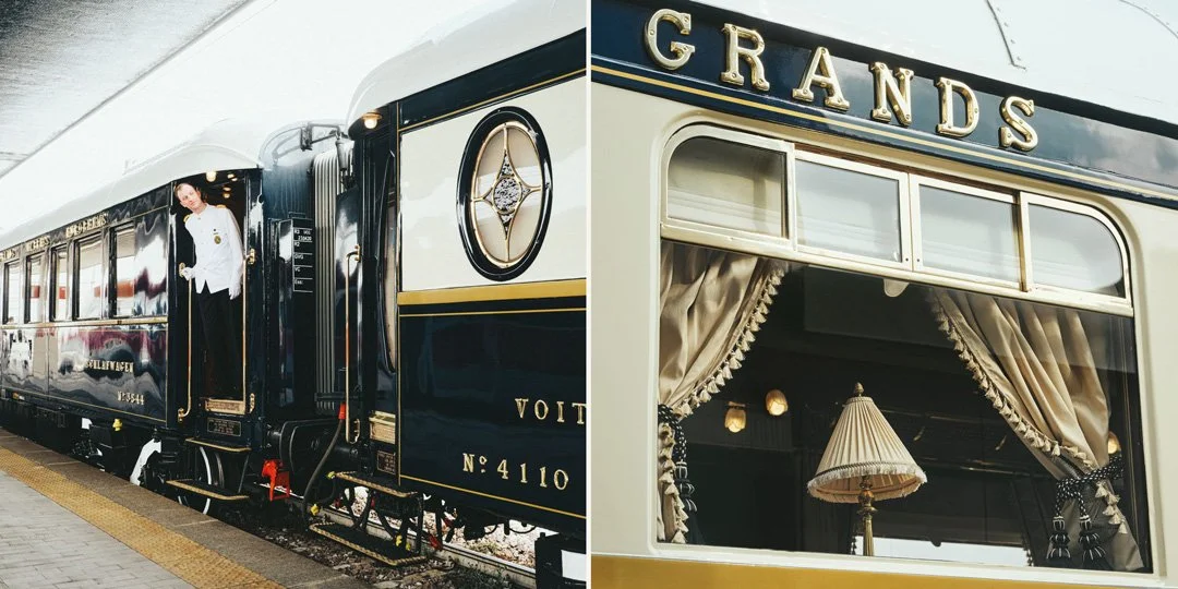 Exterior images of the beautifully painted Venice Simplon-Orient-Express train.