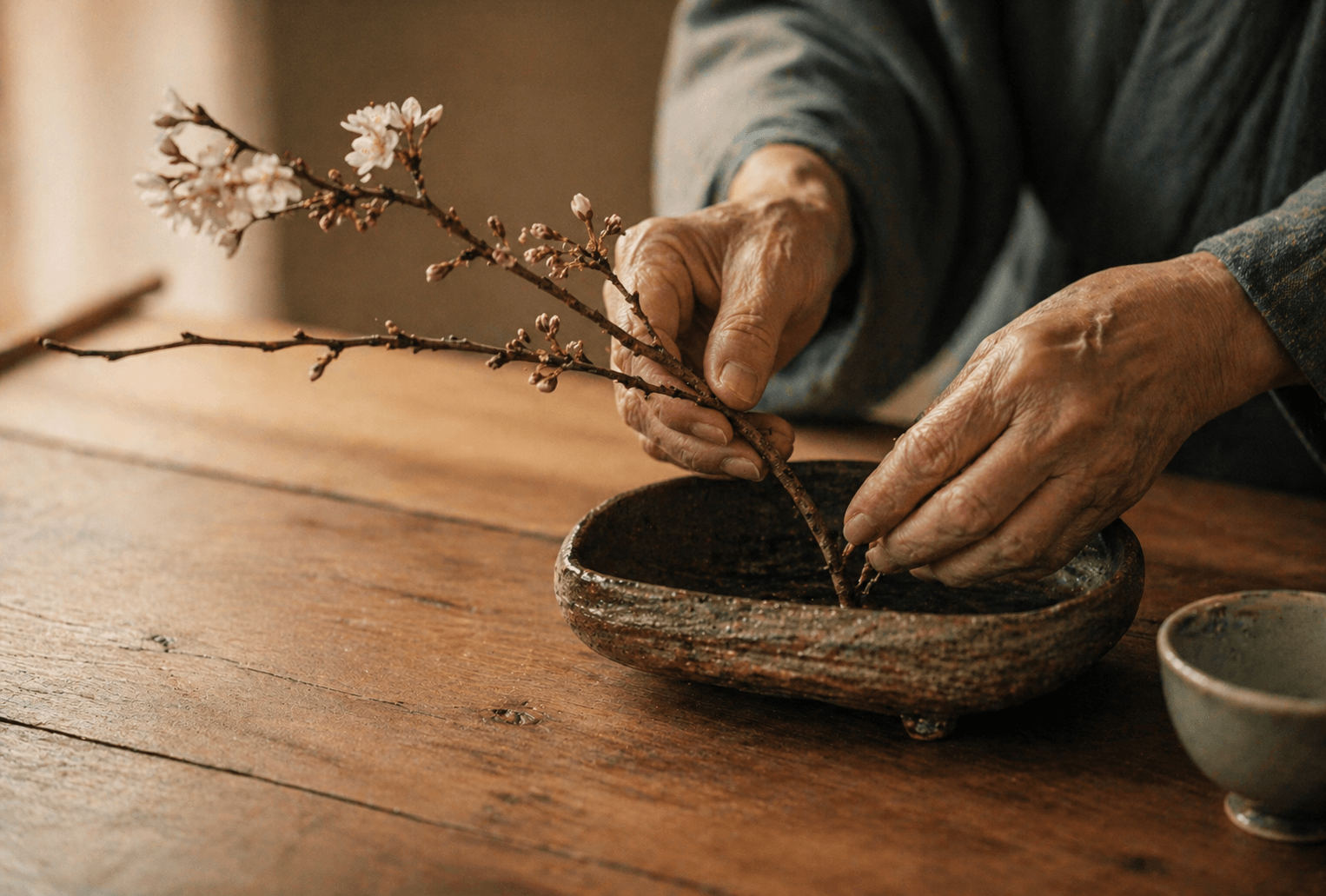 Weathered hands arranging a single branch of cherry blossom in a low ceramic vessel, soft morning light falling across a wooden surface.