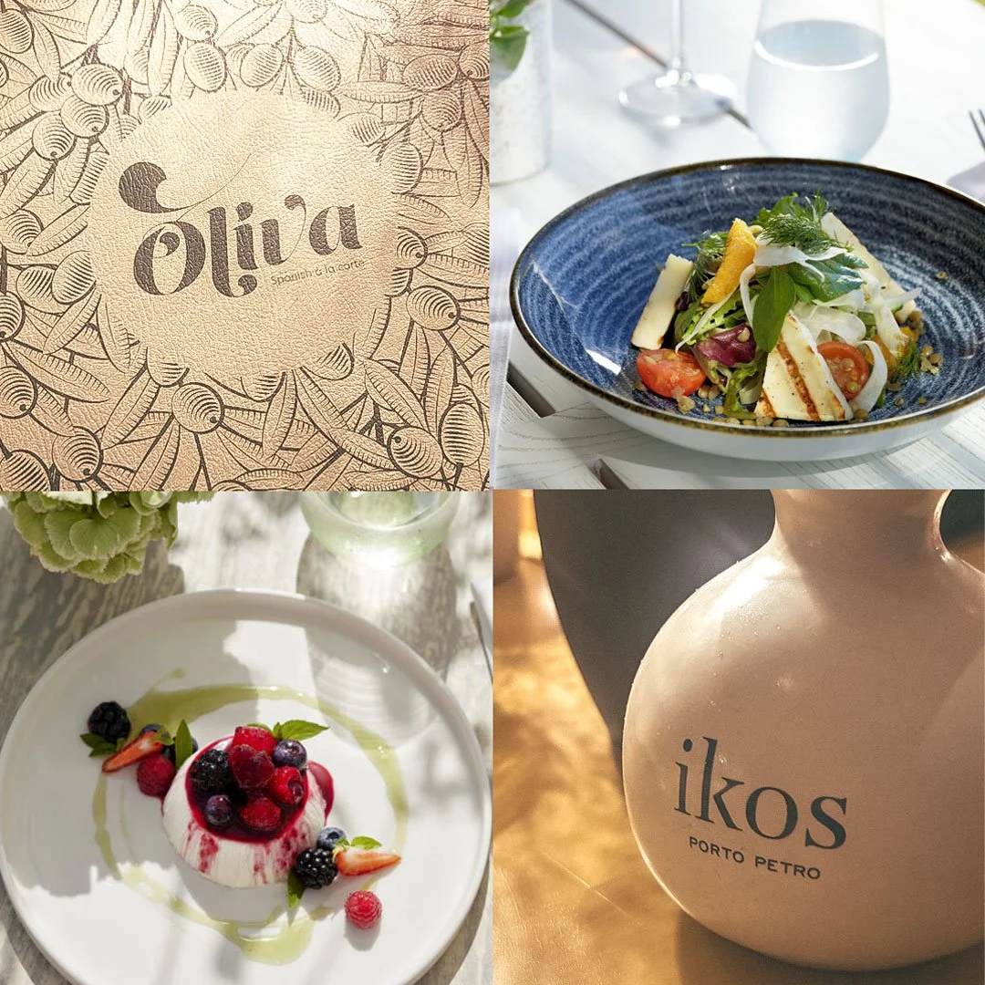 A selection of images of food, a menu and an olive oil jug.