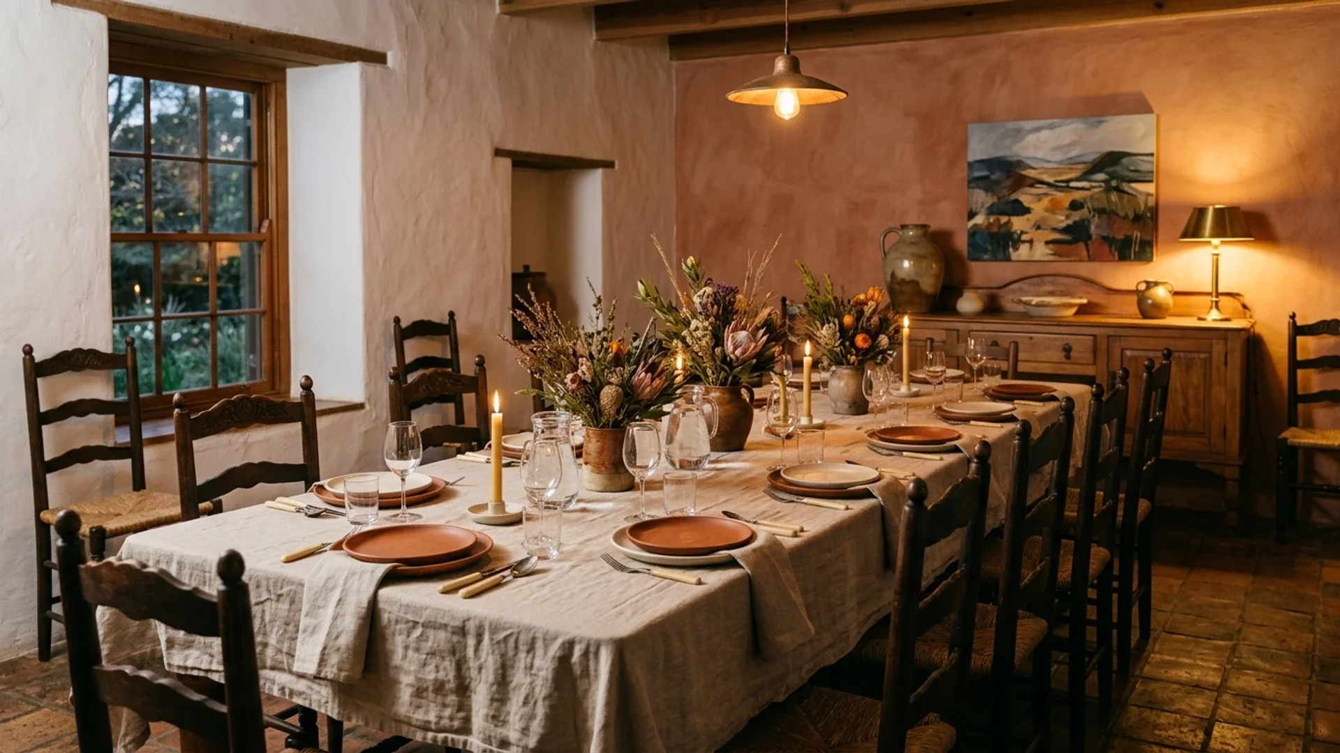 A warmly lit boutique interior set for an intimate supper, candles and laid linen, soft evening light.