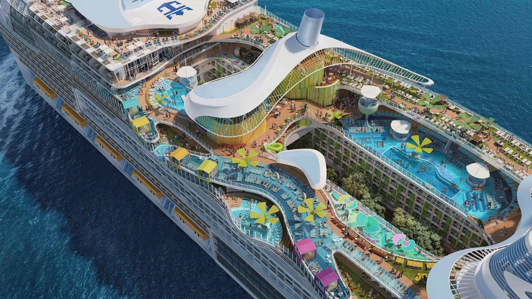 An aerial view of the Royal Caribbean cruise ship Icon of the Seas