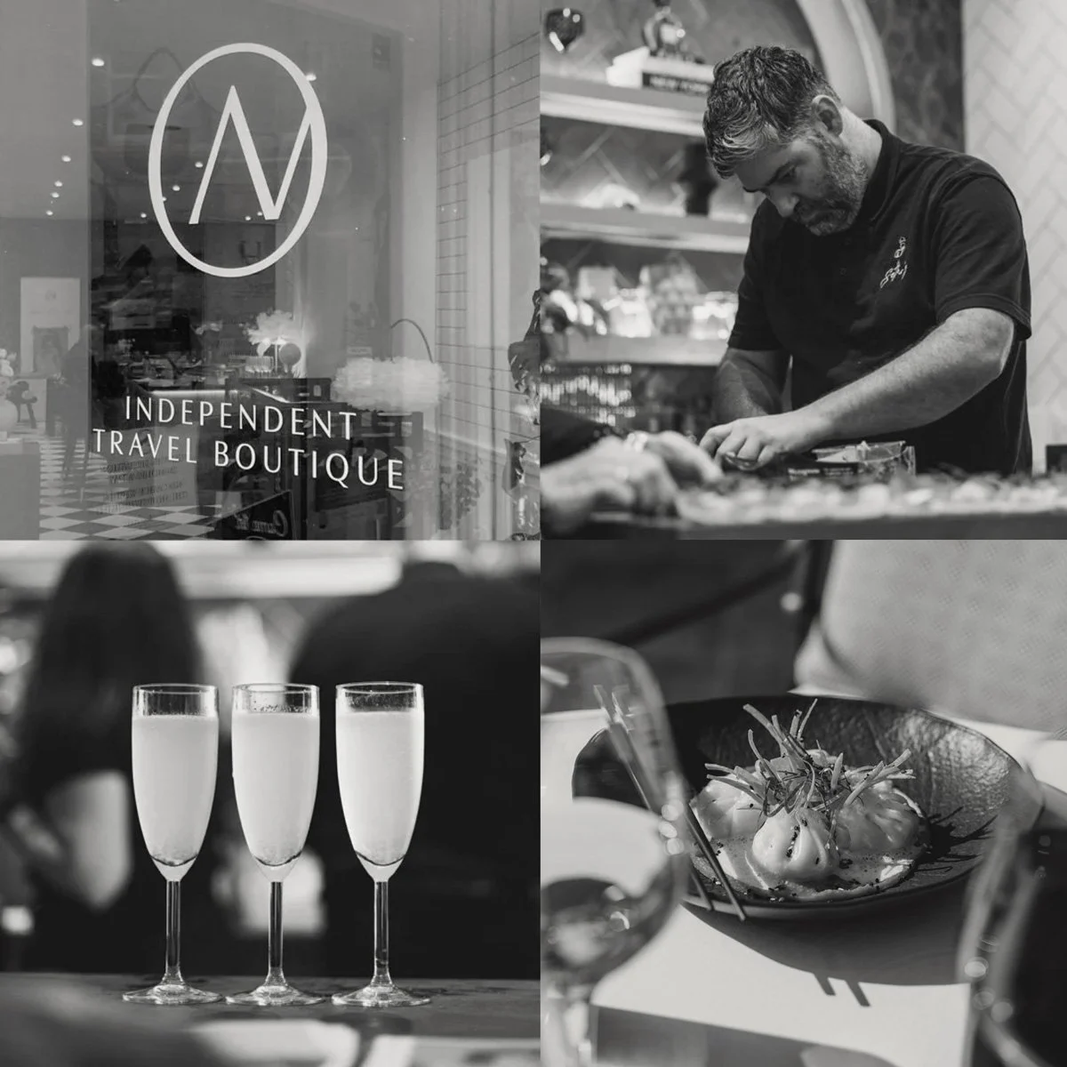 A group of images showing the interior of the Agent Nouveau Travel Boutique in Westbourne, hosting a Supper Club.